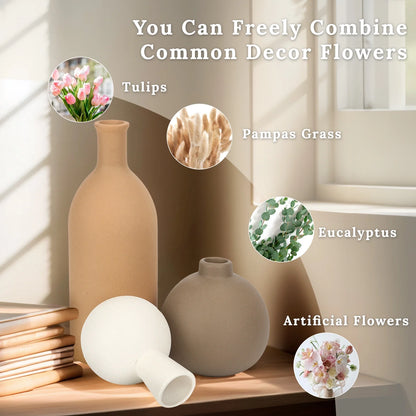 Ceramic Vase Set for Flowers, Farmhouse Vases Home Decor Pottery Vases for Pampas Grass&Dried Flowers,Suitable for Bedroom, Living Room,Office, Bookshelf,Bathroom, Brown