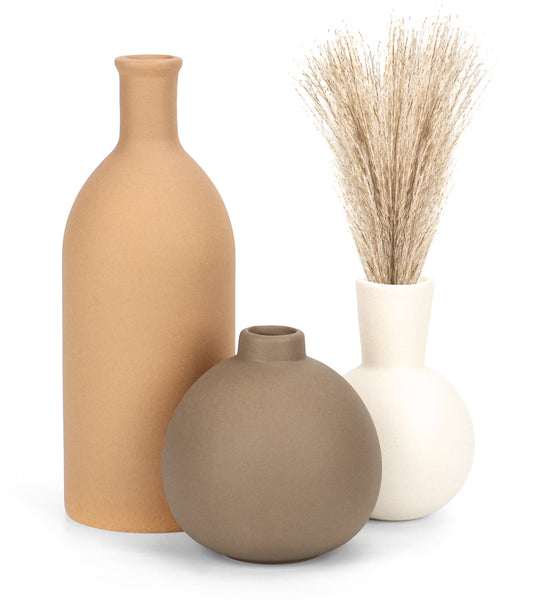 Ceramic Vase Set for Flowers, Farmhouse Vases Home Decor Pottery Vases for Pampas Grass&Dried Flowers,Suitable for Bedroom, Living Room,Office, Bookshelf,Bathroom, Brown