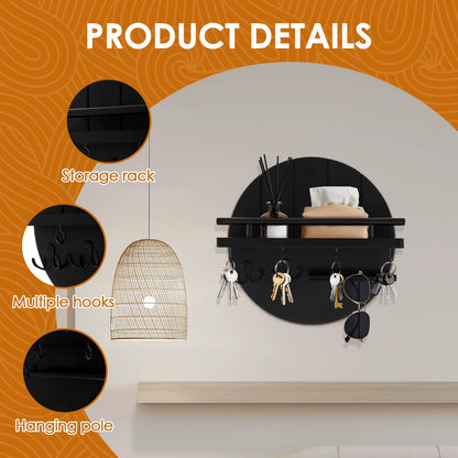 Wood Key Holder for Wall with Shelf and Hooks Decorative Key Rack Wall Mounted Mail Organizer Wall Floating Shelf Home Entryway