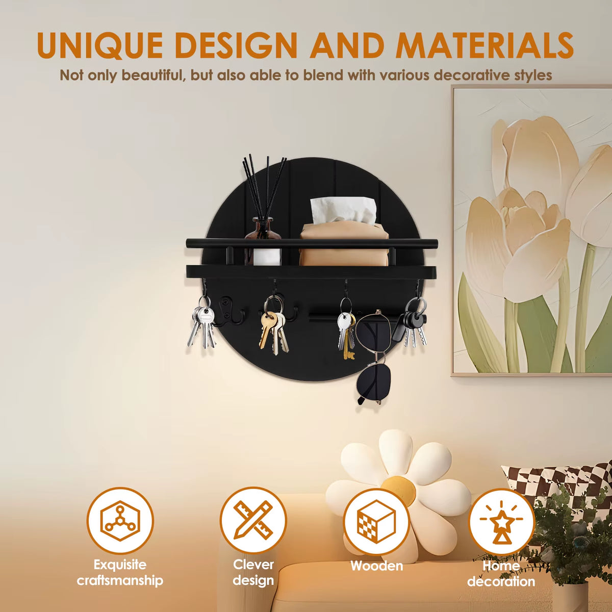 Wood Key Holder for Wall with Shelf and Hooks Decorative Key Rack Wall Mounted Mail Organizer Wall Floating Shelf Home Entryway