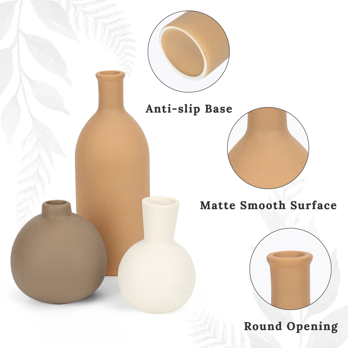 Ceramic Vase Set for Flowers, Farmhouse Vases Home Decor Pottery Vases for Pampas Grass&Dried Flowers,Suitable for Bedroom, Living Room,Office, Bookshelf,Bathroom, Brown