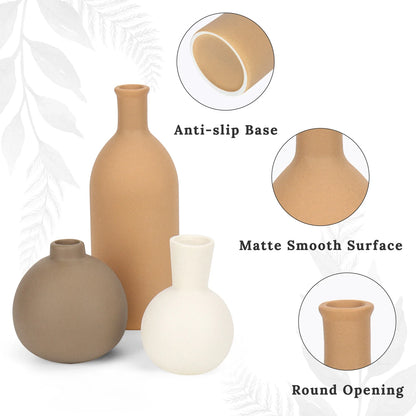 Ceramic Vase Set for Flowers, Farmhouse Vases Home Decor Pottery Vases for Pampas Grass&Dried Flowers,Suitable for Bedroom, Living Room,Office, Bookshelf,Bathroom, Brown