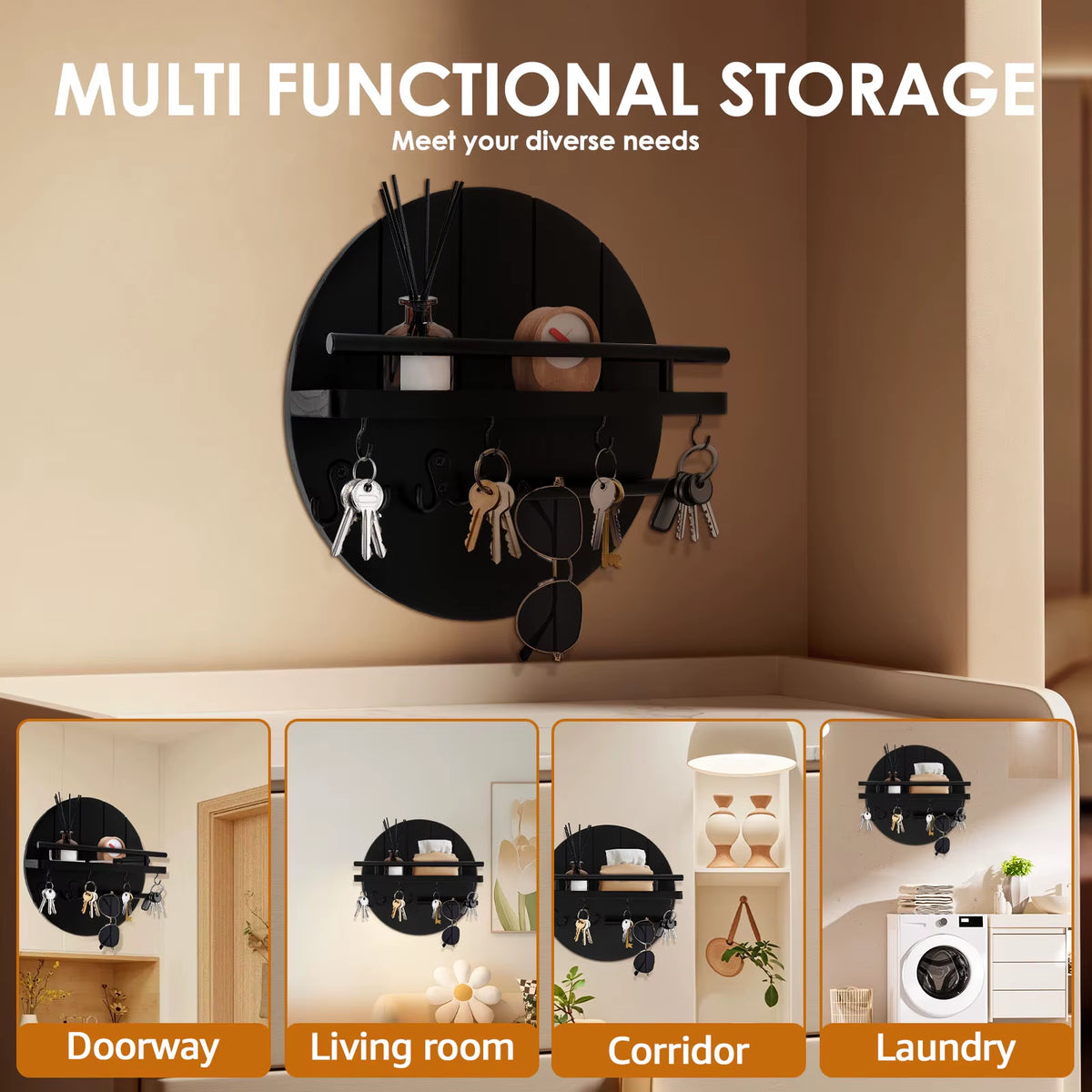Wood Key Holder for Wall with Shelf and Hooks Decorative Key Rack Wall Mounted Mail Organizer Wall Floating Shelf Home Entryway