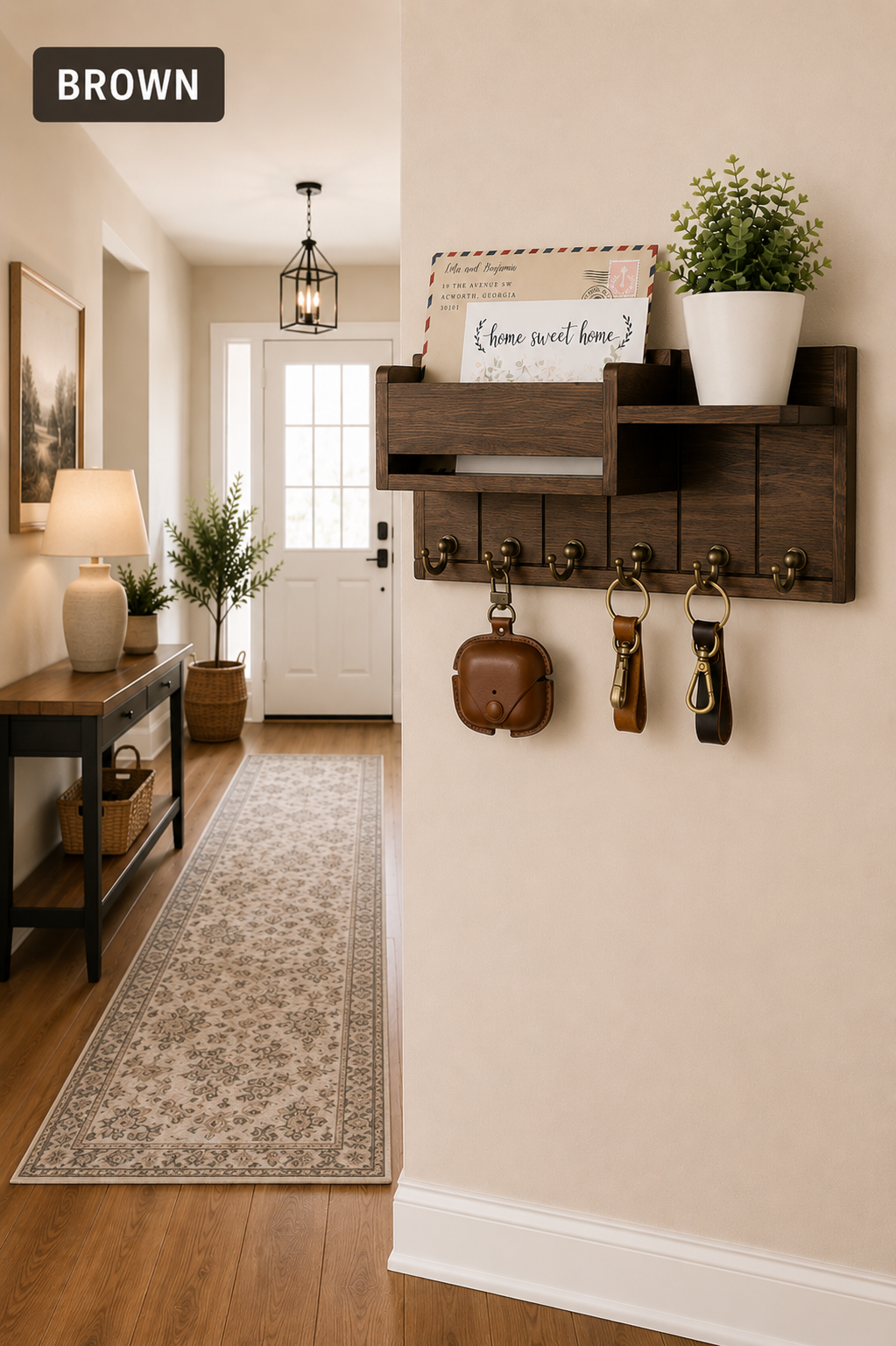 Rustic Wood Key Holder with Shelf Wall Mounted Decorative Key Rack and Mail Organizer 6 Key Hooks for Living Room Entrance