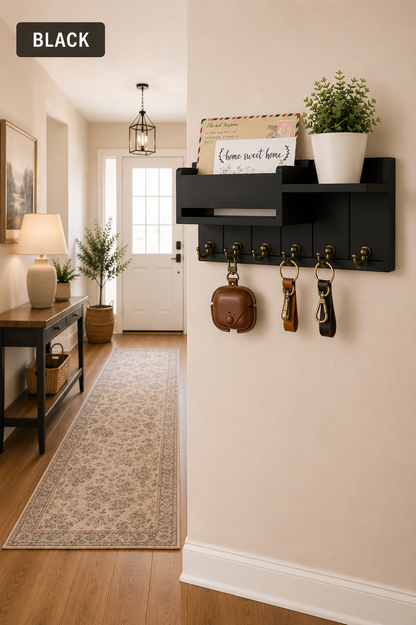 Rustic Wood Key Holder with Shelf Wall Mounted Decorative Key Rack and Mail Organizer 6 Key Hooks for Living Room Entrance