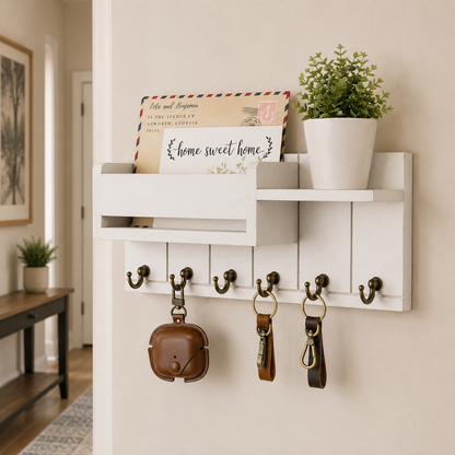 Rustic Wood Key Holder with Shelf Wall Mounted Decorative Key Rack and Mail Organizer 6 Key Hooks for Living Room Entrance