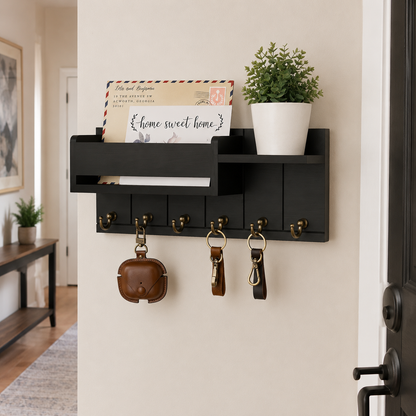 Rustic Wood Key Holder with Shelf Wall Mounted Decorative Key Rack and Mail Organizer 6 Key Hooks for Living Room Entrance