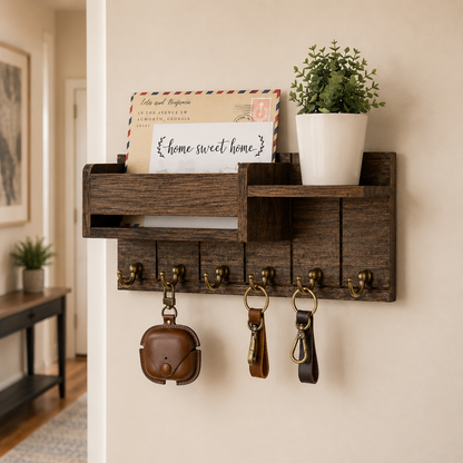 Rustic Wood Key Holder with Shelf Wall Mounted Decorative Key Rack and Mail Organizer 6 Key Hooks for Living Room Entrance