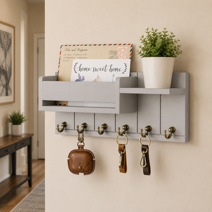 Rustic Wood Key Holder with Shelf Wall Mounted Decorative Key Rack and Mail Organizer 6 Key Hooks for Living Room Entrance