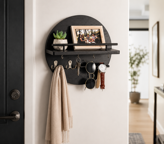 Key Holder for Wall with Shelf Wood Mail Organizer and Rack with Shelf Circular Design Key Hanger with Shelf Entryway Decor